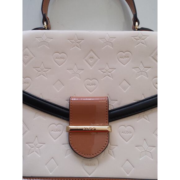 Chic Leather embossed Crossbody satchel Cream cognac Top handle classic luxury - Picture 2 of 12